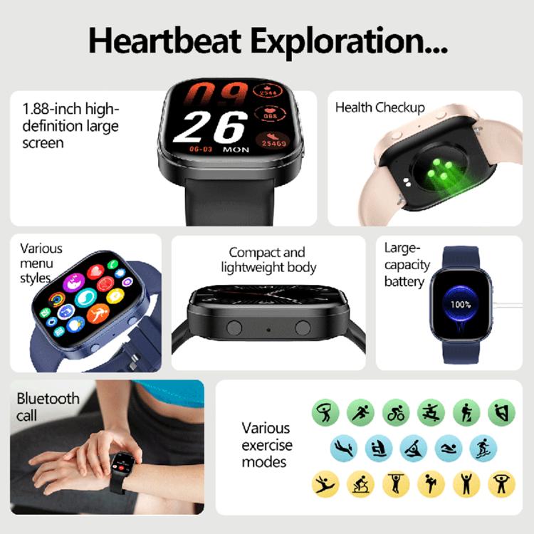 Smartwatch QS15 con schermo TFT HD da 1,88 pollici, supporto per il monitoraggio della salute e diverse modalità sportive.