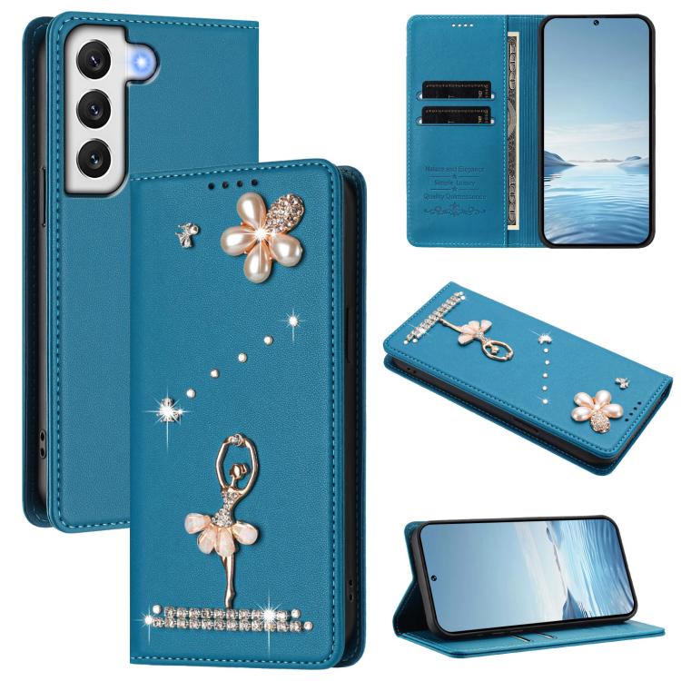 Custodia per telefono in ecopelle con protezione RFID e strass, a tema ballerina, con motivo a ballerina., For Samsung Galaxy S22 Ultra 5G, For Samsung Galaxy S22+ 5G, For Samsung Galaxy S22 5G