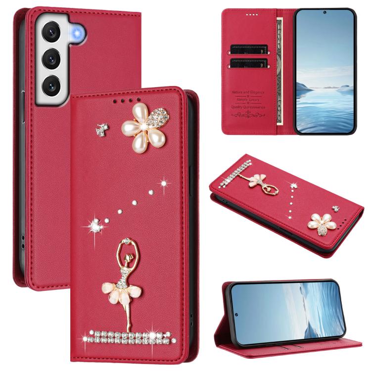 Custodia per telefono in ecopelle con protezione RFID e strass, a tema ballerina, con motivo a ballerina., For Samsung Galaxy S22 Ultra 5G, For Samsung Galaxy S22+ 5G, For Samsung Galaxy S22 5G