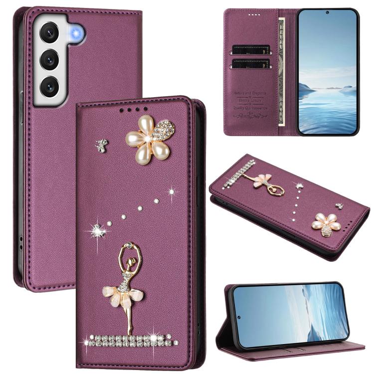 Custodia per telefono in ecopelle con protezione RFID e strass, a tema ballerina, con motivo a ballerina., For Samsung Galaxy S22 Ultra 5G, For Samsung Galaxy S22+ 5G, For Samsung Galaxy S22 5G