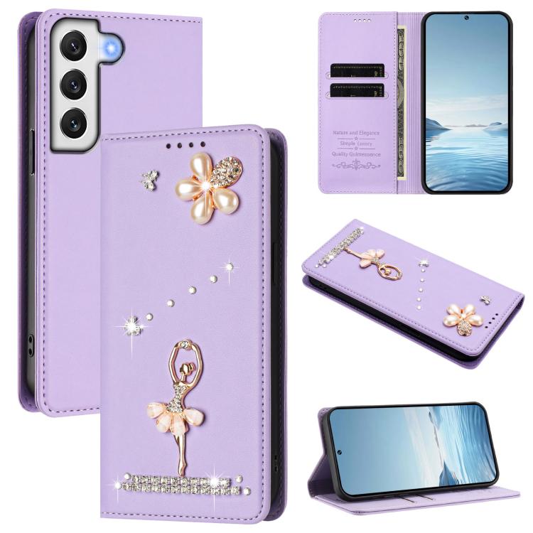 Custodia per telefono in ecopelle con protezione RFID e strass, a tema ballerina, con motivo a ballerina., For Samsung Galaxy S22 Ultra 5G, For Samsung Galaxy S22+ 5G, For Samsung Galaxy S22 5G