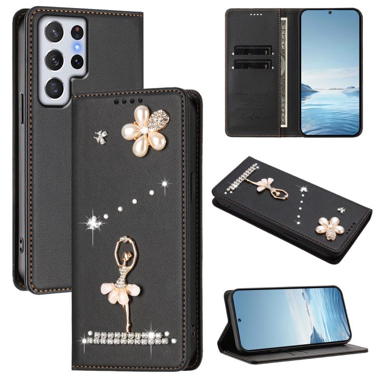 Custodia per telefono in ecopelle con protezione RFID e strass, a tema ballerina, con motivo a ballerina., For Samsung Galaxy S22 Ultra 5G, For Samsung Galaxy S22+ 5G, For Samsung Galaxy S22 5G