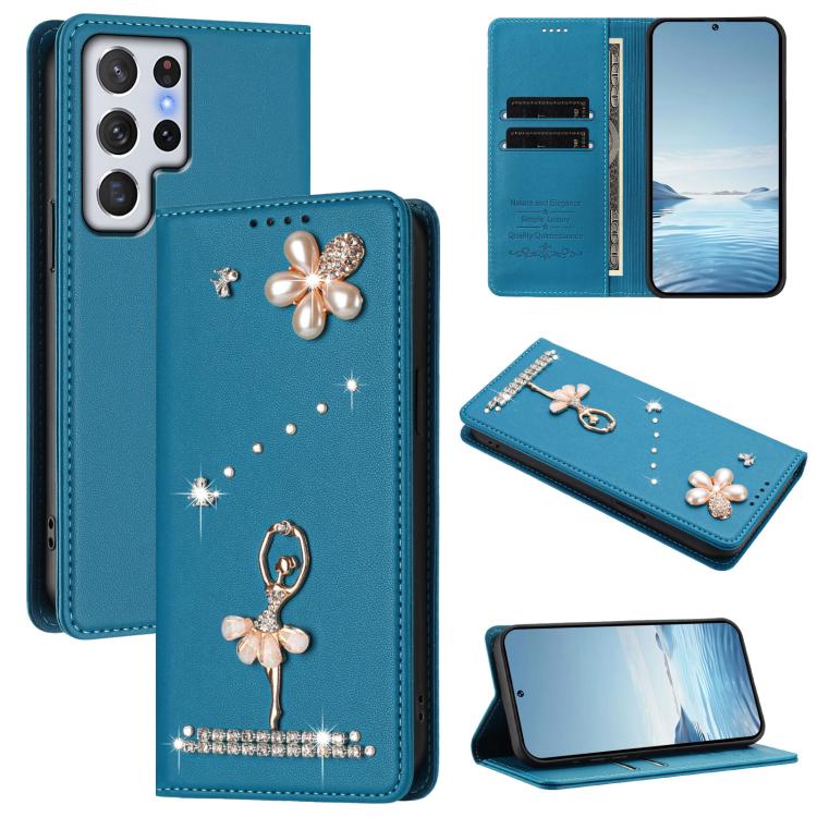 Custodia per telefono in ecopelle con protezione RFID e strass, a tema ballerina, con motivo a ballerina., For Samsung Galaxy S22 Ultra 5G, For Samsung Galaxy S22+ 5G, For Samsung Galaxy S22 5G