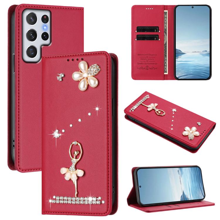 Custodia per telefono in ecopelle con protezione RFID e strass, a tema ballerina, con motivo a ballerina., For Samsung Galaxy S22 Ultra 5G, For Samsung Galaxy S22+ 5G, For Samsung Galaxy S22 5G