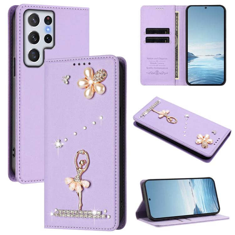 Custodia per telefono in ecopelle con protezione RFID e strass, a tema ballerina, con motivo a ballerina., For Samsung Galaxy S22 Ultra 5G, For Samsung Galaxy S22+ 5G, For Samsung Galaxy S22 5G