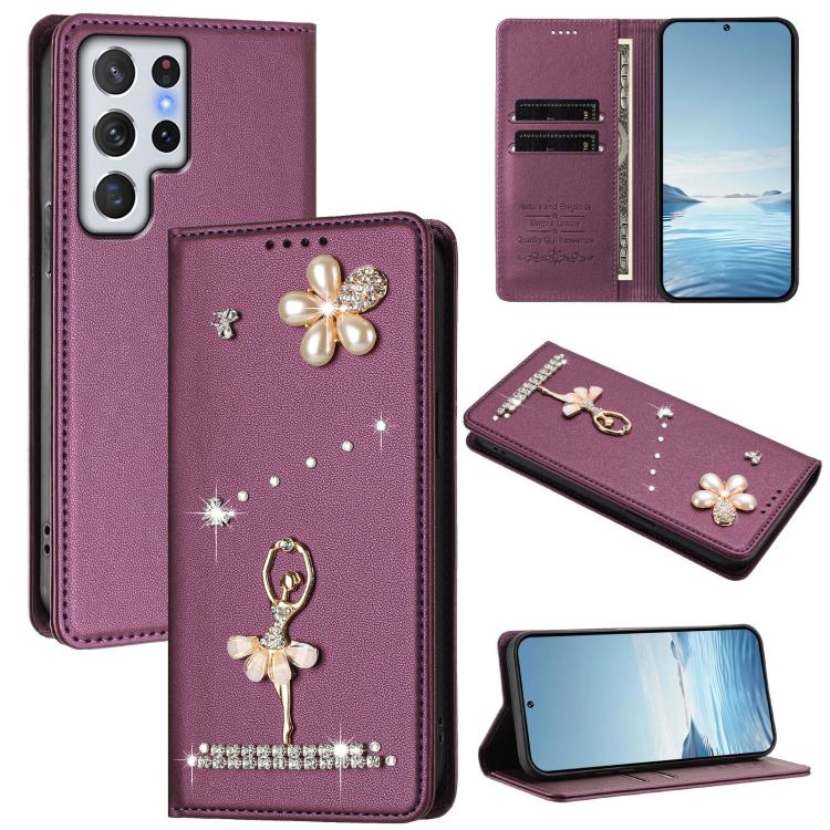 Custodia per telefono in ecopelle con protezione RFID e strass, a tema ballerina, con motivo a ballerina., For Samsung Galaxy S22 Ultra 5G, For Samsung Galaxy S22+ 5G, For Samsung Galaxy S22 5G