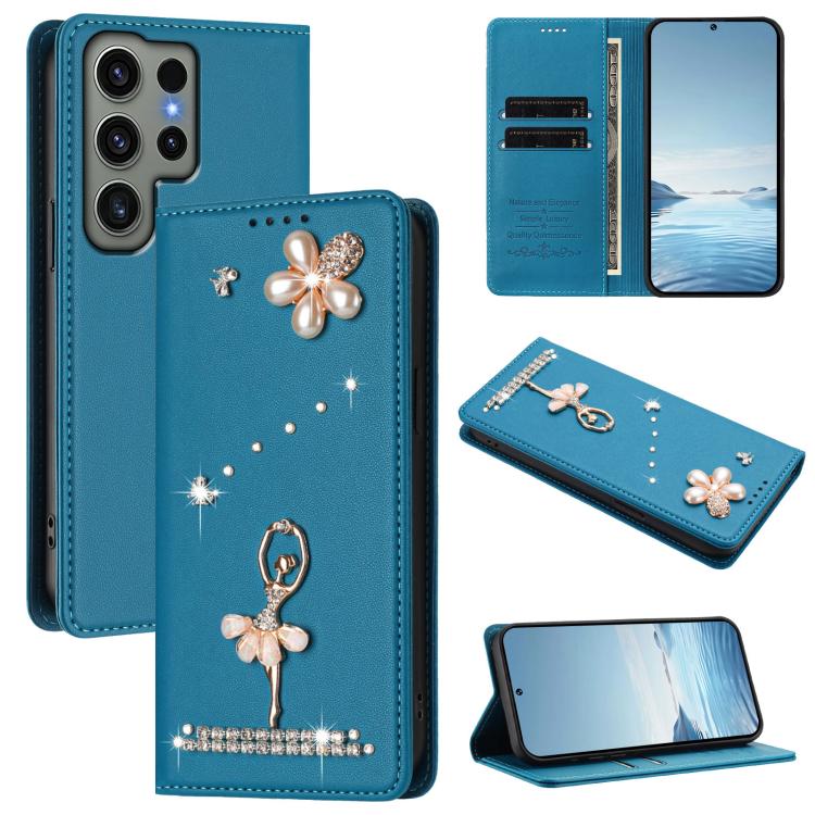Custodia per telefono in ecopelle con protezione RFID e strass, a tema ballerina, con motivo a ballerina., For Samsung Galaxy S23 Ultra 5G, For Samsung Galaxy S23+ 5G, For Samsung Galaxy S23 5G