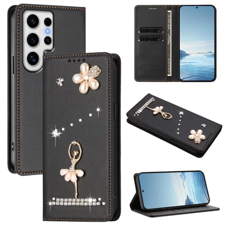 Custodia per telefono in ecopelle con protezione RFID e strass, a tema ballerina, con motivo a ballerina., For Samsung Galaxy S24 FE 5G, For Samsung Galaxy S24 Ultra 5G, For Samsung Galaxy S23 FE 5G
