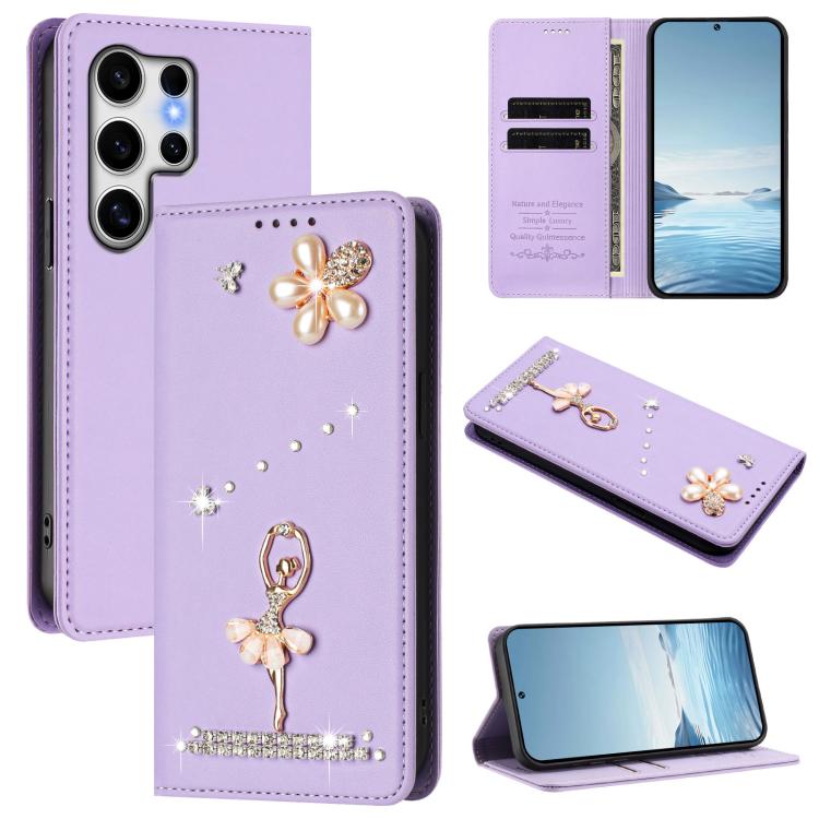 Custodia per telefono in ecopelle con protezione RFID e strass, a tema ballerina, con motivo a ballerina., For Samsung Galaxy S25 / S24 5G, For Samsung Galaxy S25+ / S24+ 5G, For Samsung Galaxy S25 Ultra 5G