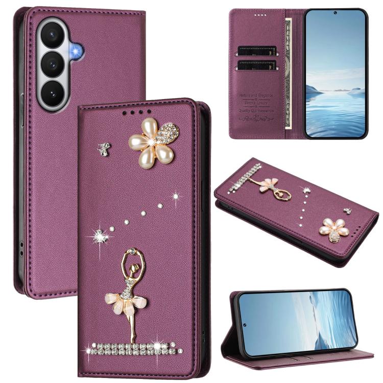 Custodia per telefono in ecopelle con protezione RFID e strass, a tema ballerina, con motivo a ballerina., For Samsung Galaxy S26 5G, For Samsung Galaxy S25 FE 5G, For Samsung Galaxy S25 Edge 5G