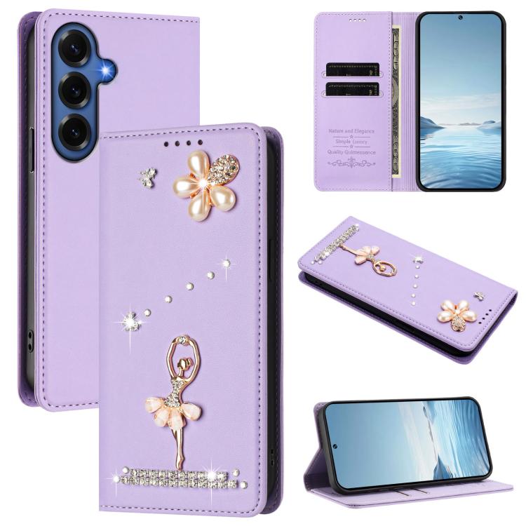 Custodia per telefono in ecopelle con protezione RFID e strass, a tema ballerina, con motivo a ballerina., For Samsung Galaxy S26+ 5G, For Samsung Galaxy S26 Edge 5G, For Samsung Galaxy S26 Ultra 5G
