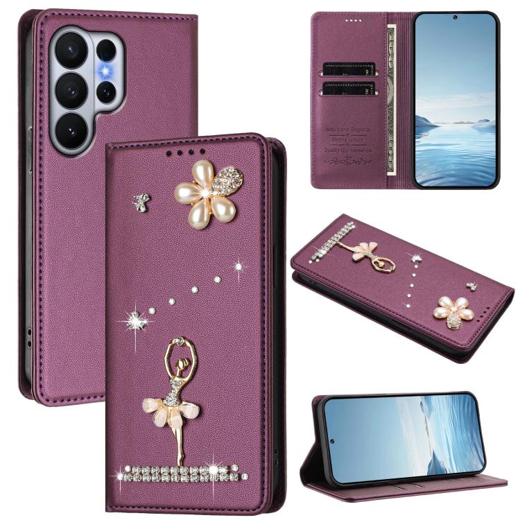 Custodia per telefono in ecopelle con protezione RFID e strass, a tema ballerina, con motivo a ballerina., For Samsung Galaxy S26+ 5G, For Samsung Galaxy S26 Edge 5G, For Samsung Galaxy S26 Ultra 5G