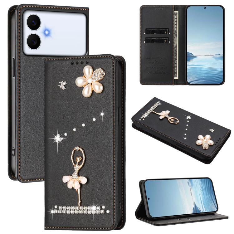 Custodia per telefono in ecopelle con protezione RFID e strass, a tema ballerina, con motivo a ballerina., For Samsung Galaxy S26+ 5G, For Samsung Galaxy S26 Edge 5G, For Samsung Galaxy S26 Ultra 5G