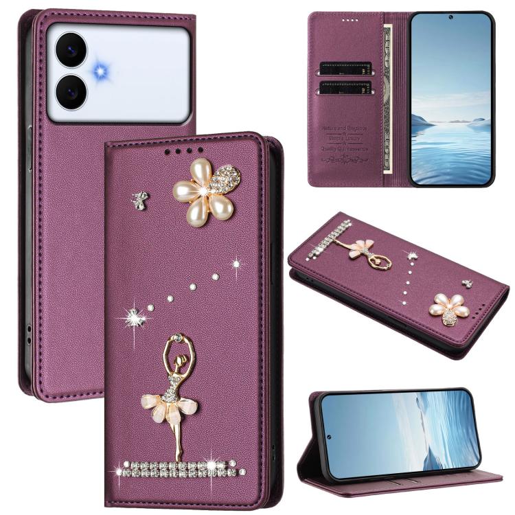 Custodia per telefono in ecopelle con protezione RFID e strass, a tema ballerina, con motivo a ballerina., For Samsung Galaxy S26+ 5G, For Samsung Galaxy S26 Edge 5G, For Samsung Galaxy S26 Ultra 5G