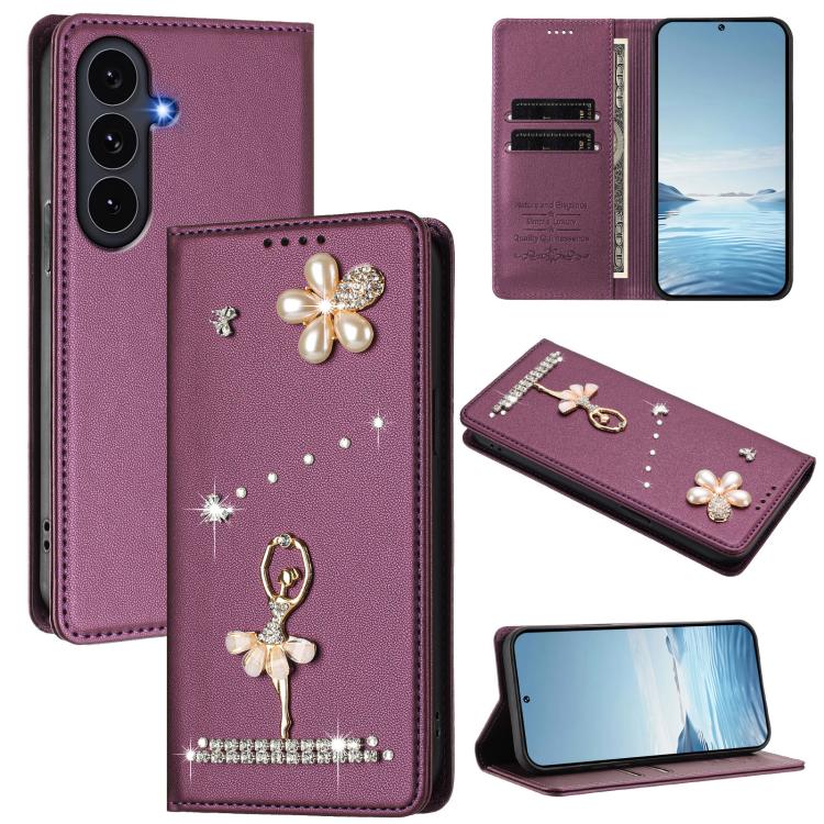 Custodia per telefono in ecopelle con protezione RFID e strass, a tema ballerina, con motivo a ballerina., For Samsung Galaxy S26 5G, For Samsung Galaxy S25 FE 5G, For Samsung Galaxy S25 Edge 5G