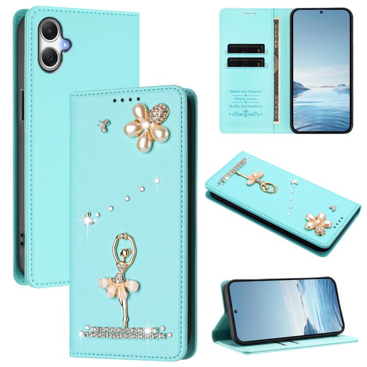 Custodia per telefono in ecopelle con protezione RFID e strass, a tema ballerina, con motivo a ballerina., For Samsung Galaxy A05 / M05 / F05 4G, For Samsung Galaxy A16 5G / 4G, For Samsung Galaxy A05s 4G / F14 4G