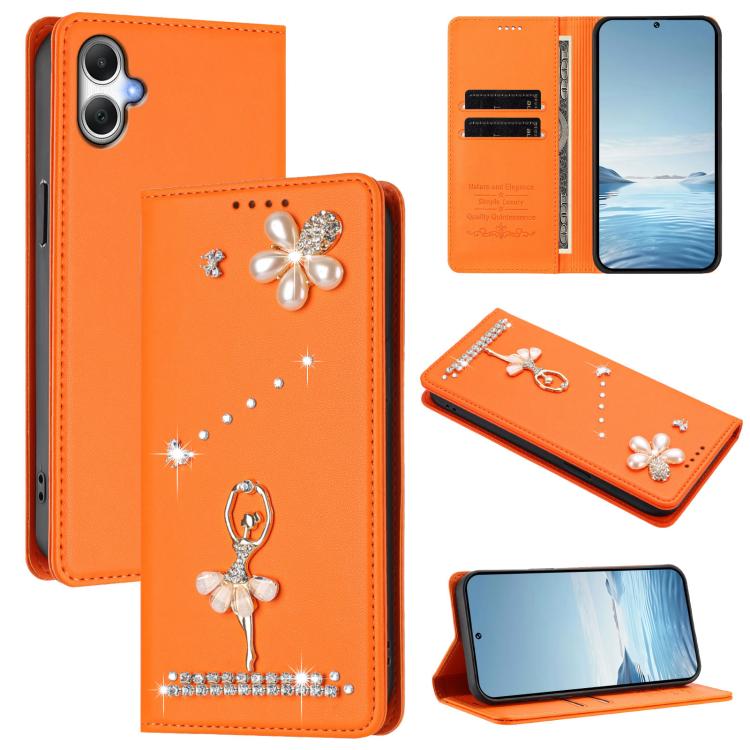 Custodia per telefono in ecopelle con protezione RFID e strass, a tema ballerina, con motivo a ballerina., For Samsung Galaxy A05 / M05 / F05 4G, For Samsung Galaxy A16 5G / 4G, For Samsung Galaxy A05s 4G / F14 4G