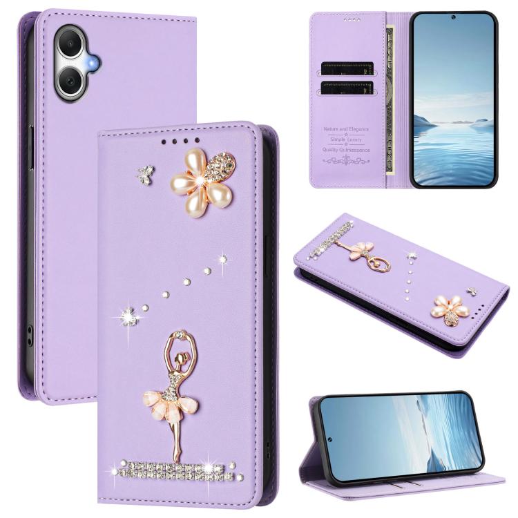 Custodia per telefono in ecopelle con protezione RFID e strass, a tema ballerina, con motivo a ballerina., For Samsung Galaxy A05 / M05 / F05 4G, For Samsung Galaxy A16 5G / 4G, For Samsung Galaxy A05s 4G / F14 4G