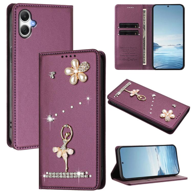 Custodia per telefono in ecopelle con protezione RFID e strass, a tema ballerina, con motivo a ballerina., For Samsung Galaxy A05 / M05 / F05 4G, For Samsung Galaxy A16 5G / 4G, For Samsung Galaxy A05s 4G / F14 4G