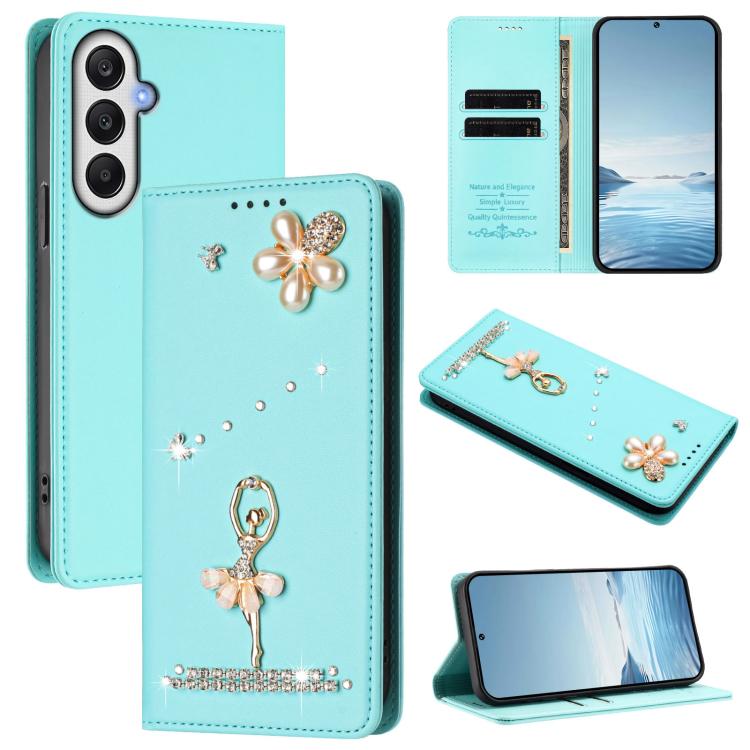 Custodia per telefono in ecopelle con protezione RFID e strass, a tema ballerina, con motivo a ballerina., For Samsung Galaxy A05 / M05 / F05 4G, For Samsung Galaxy A16 5G / 4G, For Samsung Galaxy A05s 4G / F14 4G
