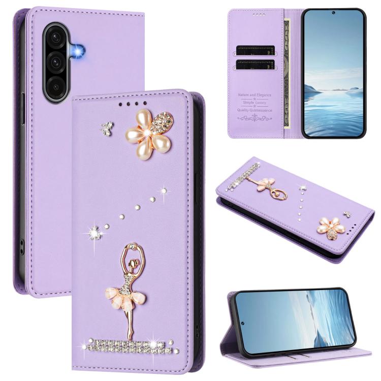 Custodia per telefono in ecopelle con protezione RFID e strass, a tema ballerina, con motivo a ballerina., For Samsung Galaxy A56 5G / A36 5G, For Samsung Galaxy A26 5G, For Samsung Galaxy A36 5G