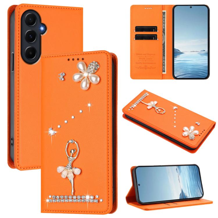Custodia per telefono in ecopelle con protezione RFID e strass, a tema ballerina, con motivo a ballerina., For Samsung Galaxy A55 5G, For Samsung Galaxy A35 5G, For Samsung Galaxy M34 5G / F34 5G