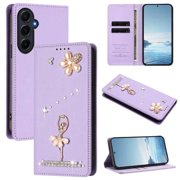 Custodia per telefono in ecopelle con protezione RFID e strass, a tema ballerina, con motivo a ballerina., For Samsung Galaxy A55 5G, For Samsung Galaxy A35 5G, For Samsung Galaxy M34 5G / F34 5G