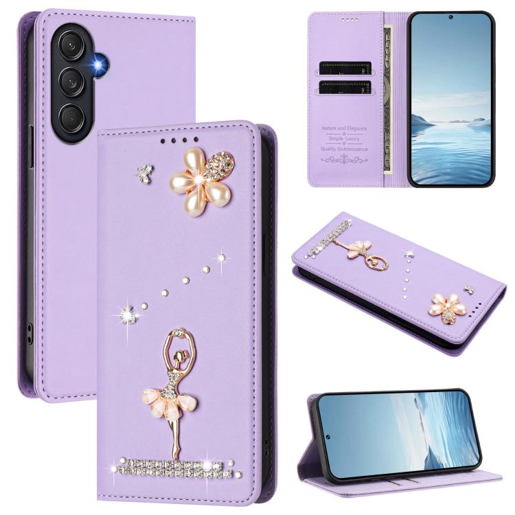 Custodia per telefono in ecopelle con protezione RFID e strass, a tema ballerina, con motivo a ballerina., For Samsung Galaxy A25 5G, For Samsung Galaxy M54 5G / F54 5G, For Samsung Galaxy M14 5G