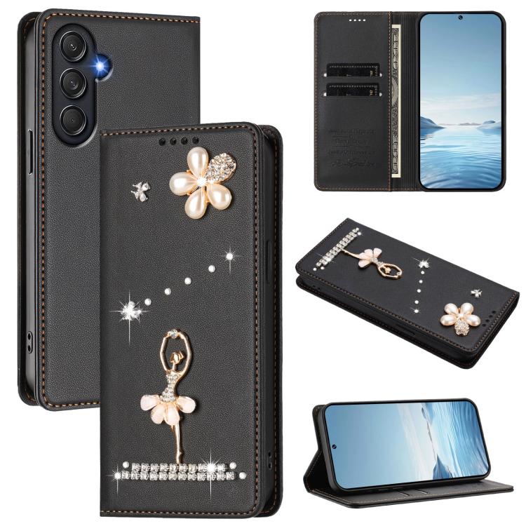 Custodia per telefono in ecopelle con protezione RFID e strass, a tema ballerina, con motivo a ballerina., For Samsung Galaxy M35 5G, For Samsung Galaxy M55 5G / C55 5G, For Samsung Galaxy XCover7 Pro