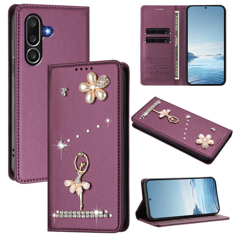 Custodia per telefono in ecopelle con protezione RFID e strass, a tema ballerina, con motivo a ballerina., For Samsung Galaxy M56 5G, For Samsung Galaxy F16 5G / M16 5G, For Samsung Galaxy F06 5G / M06 5G