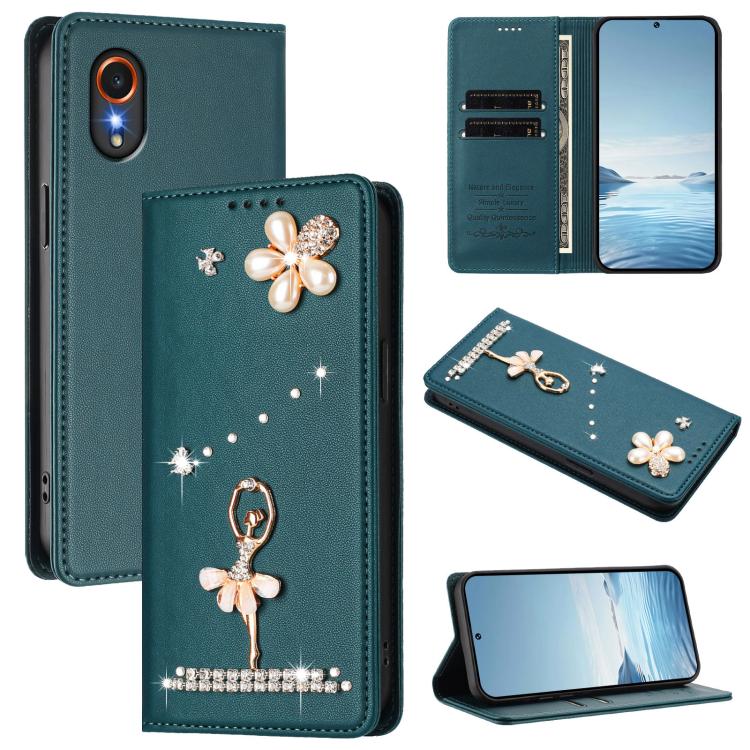 Custodia per telefono in ecopelle con protezione RFID e strass, a tema ballerina, con motivo a ballerina., For Samsung Galaxy M15 5G / F15 5G, For Samsung Galaxy XCover7, For Samsung Galaxy A15 5G / 4G