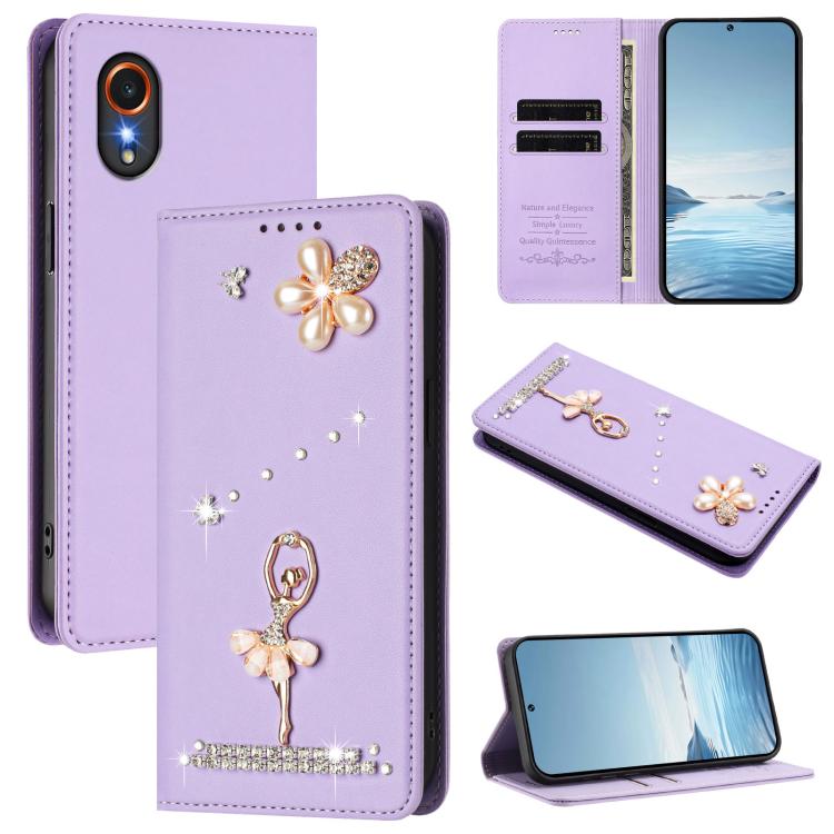 Custodia per telefono in ecopelle con protezione RFID e strass, a tema ballerina, con motivo a ballerina., For Samsung Galaxy M15 5G / F15 5G, For Samsung Galaxy XCover7, For Samsung Galaxy A15 5G / 4G