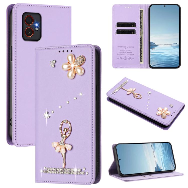 Custodia per telefono in ecopelle con protezione RFID e strass, a tema ballerina, con motivo a ballerina., For Samsung Galaxy M35 5G, For Samsung Galaxy M55 5G / C55 5G, For Samsung Galaxy XCover7 Pro