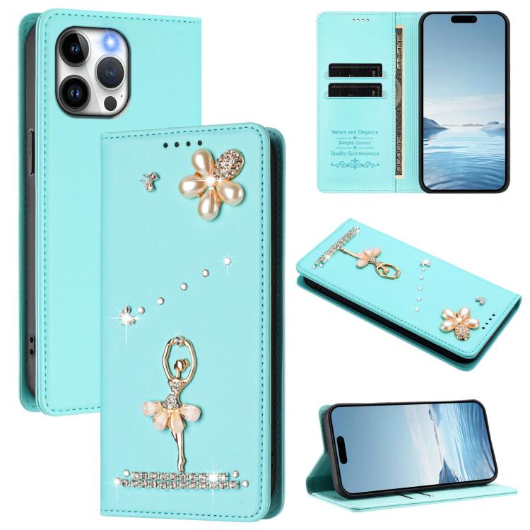 Custodia per telefono in ecopelle con protezione RFID e strass, a tema ballerina, con motivo a ballerina., For iPhone 14 Pro, For iPhone 14 Pro Max, For iPhone 13 Pro Max