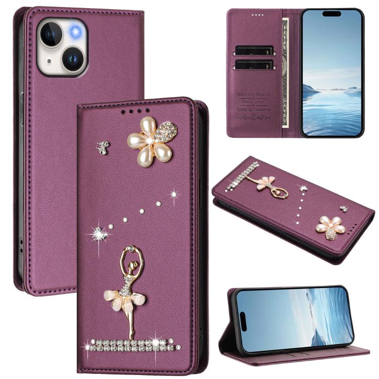 Custodia per telefono in ecopelle con protezione RFID e strass, a tema ballerina, con motivo a ballerina., For iPhone 15, For iPhone 14 Plus, For iPhone 14 / 13