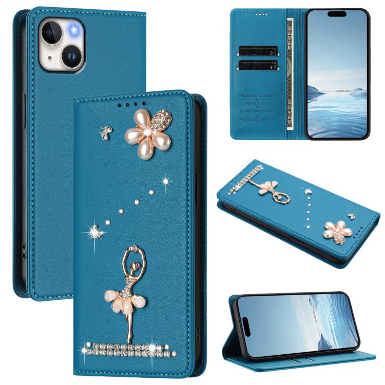 Custodia per telefono in ecopelle con protezione RFID e strass, a tema ballerina, con motivo a ballerina., For iPhone 15, For iPhone 14 Plus, For iPhone 14 / 13