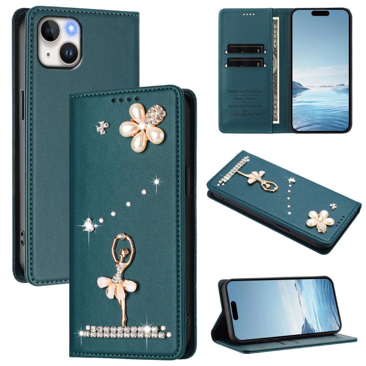 Custodia per telefono in ecopelle con protezione RFID e strass, a tema ballerina, con motivo a ballerina., For iPhone 15, For iPhone 14 Plus, For iPhone 14 / 13