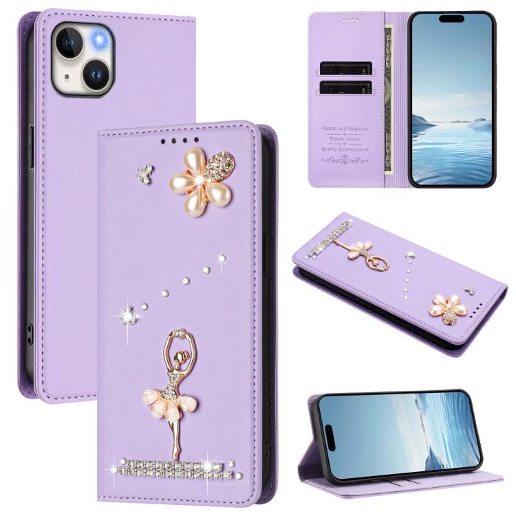 Custodia per telefono in ecopelle con protezione RFID e strass, a tema ballerina, con motivo a ballerina., For iPhone 15, For iPhone 14 Plus, For iPhone 14 / 13