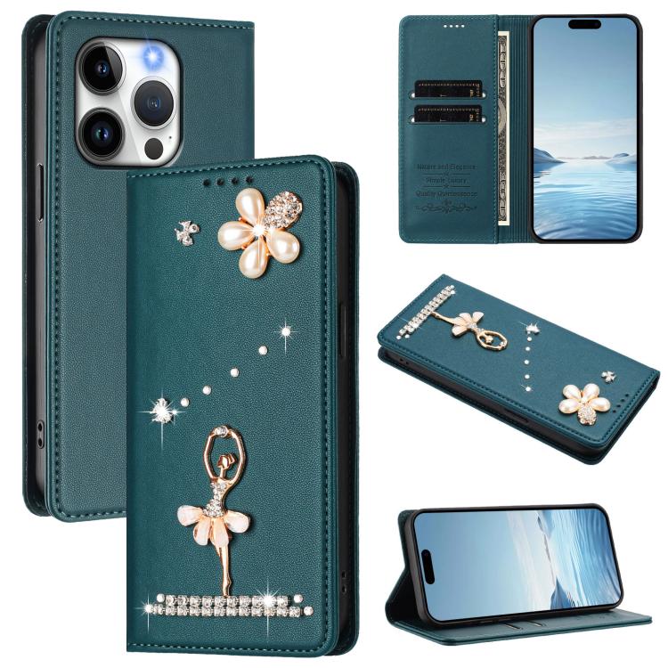 Custodia per telefono in ecopelle con protezione RFID e strass, a tema ballerina, con motivo a ballerina., For iPhone 14 Pro, For iPhone 14 Pro Max, For iPhone 13 Pro Max