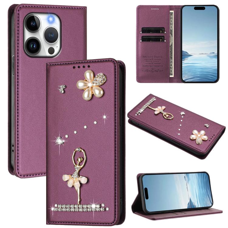 Custodia per telefono in ecopelle con protezione RFID e strass, a tema ballerina, con motivo a ballerina., For iPhone 14 Pro, For iPhone 14 Pro Max, For iPhone 13 Pro Max