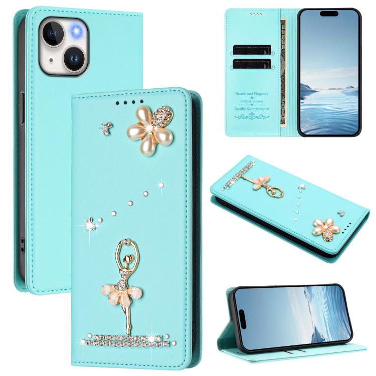 Custodia per telefono in ecopelle con protezione RFID e strass, a tema ballerina, con motivo a ballerina., For iPhone 15, For iPhone 14 Plus, For iPhone 14 / 13