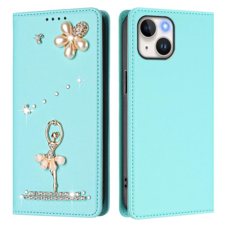 Custodia per telefono in ecopelle con protezione RFID e strass, a tema ballerina, con motivo a ballerina., For iPhone 15, For iPhone 14 Plus, For iPhone 14 / 13