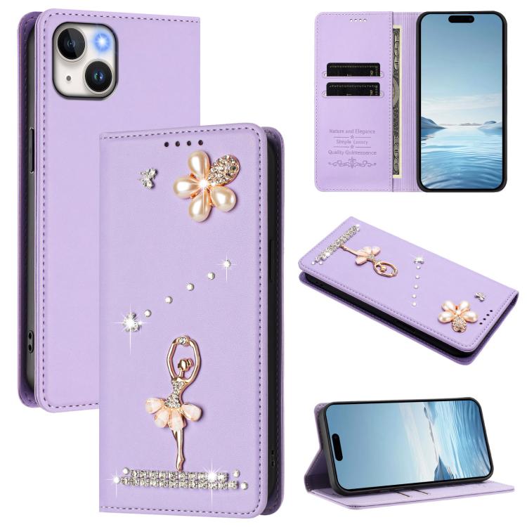 Custodia per telefono in ecopelle con protezione RFID e strass, a tema ballerina, con motivo a ballerina., For iPhone 15 Pro Max, For iPhone 15 Pro, For iPhone 15 Plus
