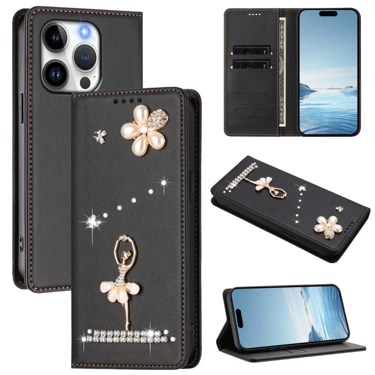 Custodia per telefono in ecopelle con protezione RFID e strass, a tema ballerina, con motivo a ballerina., For iPhone 15 Pro Max, For iPhone 15 Pro, For iPhone 15 Plus