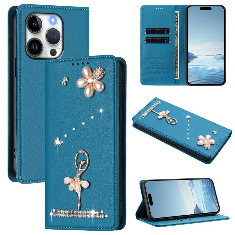 Custodia per telefono in ecopelle con protezione RFID e strass, a tema ballerina, con motivo a ballerina., For iPhone 15 Pro Max, For iPhone 15 Pro, For iPhone 15 Plus