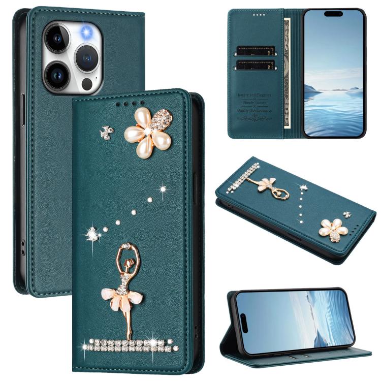 Custodia per telefono in ecopelle con protezione RFID e strass, a tema ballerina, con motivo a ballerina., For iPhone 15 Pro Max, For iPhone 15 Pro, For iPhone 15 Plus