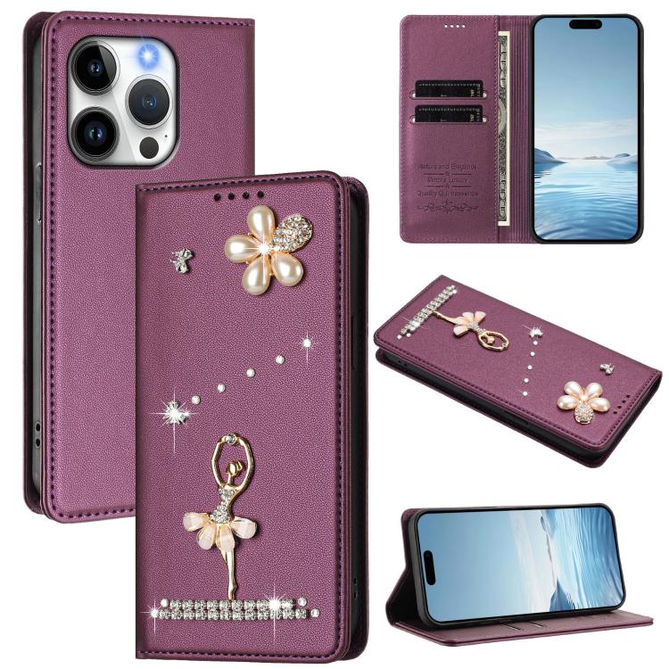 Custodia per telefono in ecopelle con protezione RFID e strass, a tema ballerina, con motivo a ballerina., For iPhone 15 Pro Max, For iPhone 15 Pro, For iPhone 15 Plus