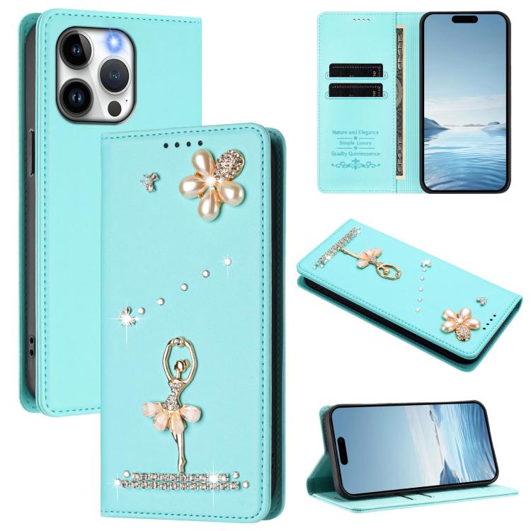 Custodia per telefono in ecopelle con protezione RFID e strass, a tema ballerina, con motivo a ballerina., For iPhone 15 Pro Max, For iPhone 15 Pro, For iPhone 15 Plus