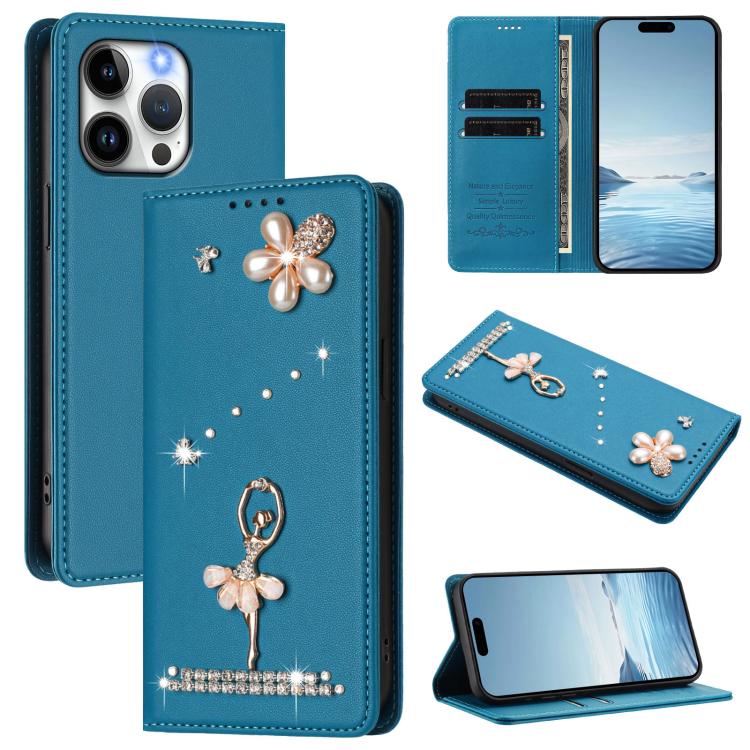 Custodia per telefono in ecopelle con protezione RFID e strass, a tema ballerina, con motivo a ballerina., For iPhone 15 Pro Max, For iPhone 15 Pro, For iPhone 15 Plus
