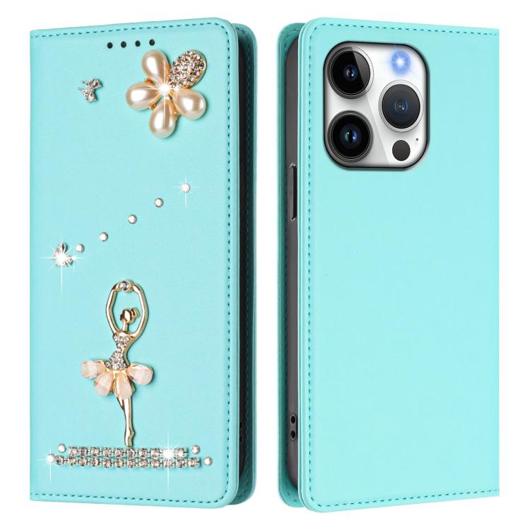 Custodia per telefono in ecopelle con protezione RFID e strass, a tema ballerina, con motivo a ballerina., For iPhone 16 Pro, For iPhone 16 Plus, For iPhone 16